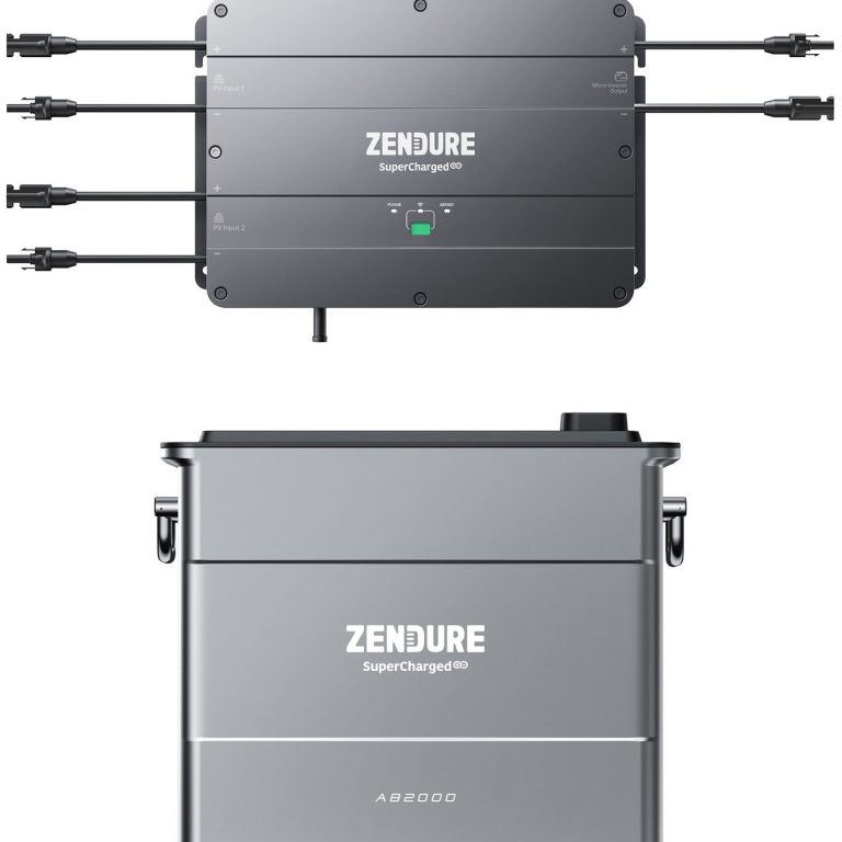 Zwei Ansichten eines ZENZURE Solarwechselrichters in grauem Design.